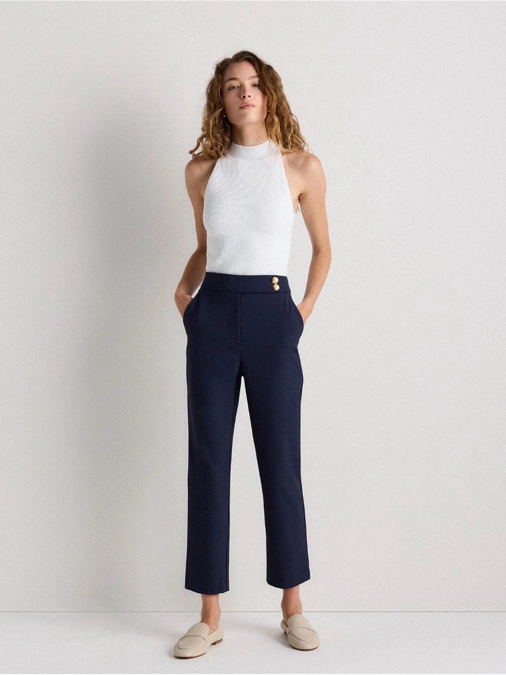 Quince Scuba Slim Ankle Pants Navy Blue Gold Buttons Trousers Size 10